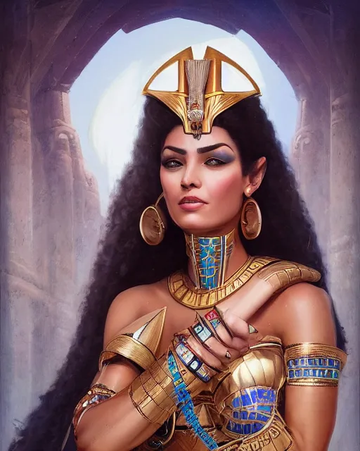 Prompt: Jessica Kahawaty as a beautiful egyptian princess, gorgeous, portrait, Symmetrical, powerful, intricate, beautiful, masterpiece, elegant, volumetric lighting, highly detailed, artstation, sharp focus, no cropping, illustration, Peter Mohrbacher, Artgerm, Jean-Leon Gerome , ruan jia