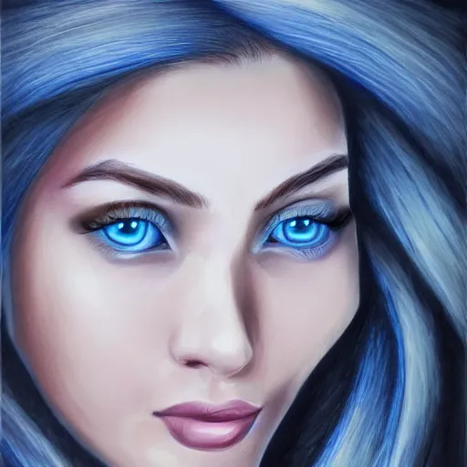 Prompt: a drawing of a woman's face with blue eyes, a digital painting by Nyuju Stumpy Brown, tumblr contest winner, digital art, speedpainting, flat shading, painterly