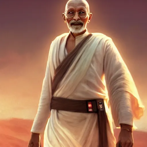 Image similar to a photorealistic portrait of ghandi as a jedi in star wars cinematic lighting, photorealistic, octane render, 8 k, depth of field, 3 d, art by artgerm and greg rutkowski and alphonse mucha and uang guangjian and gil elvgren and sachin ten