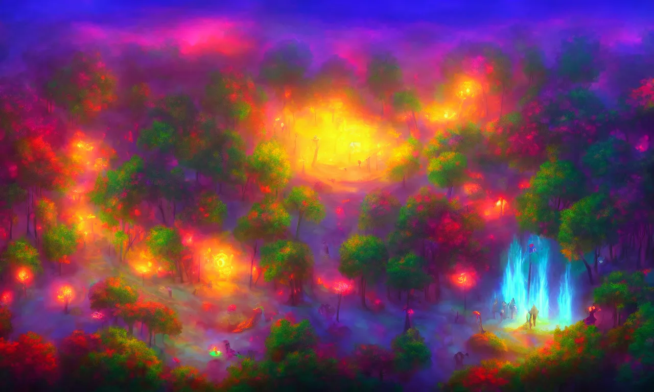Prompt: enchanted magical forest on magical colorful fire, aerial view, digital painting , digital art , artstation , devian art , 4k , HD
