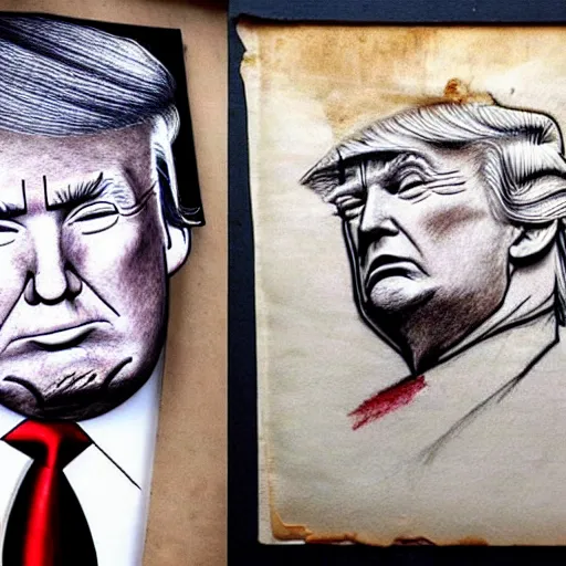 Prompt: intricate drawings of Donald Trump in charcoal and blood on a parchment made from thin leather. the parchment is 2000 years old. by Agnes Cecil. .