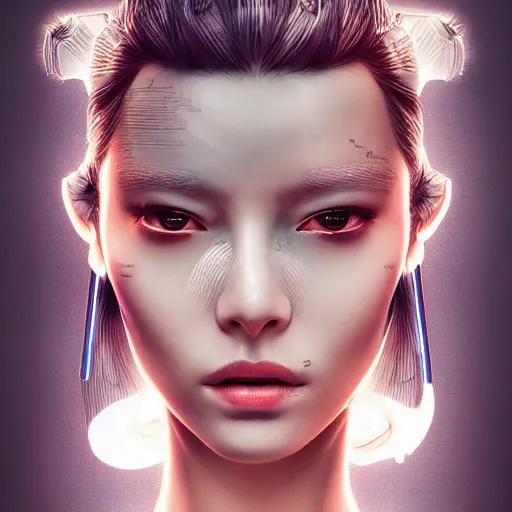 Image similar to the portrait of an absurdly beautiful, graceful, elegant, sophisticated, fashionable cyberpunk gravure idol, an ultrafine hyperdetailed illustration by kim jung gi, irakli nadar, intricate linework, bright colors, porcelain skin, unreal engine 5 highly rendered, fashion photography, half of face electronics, global illumination, radiant light, detailed and intricate environment