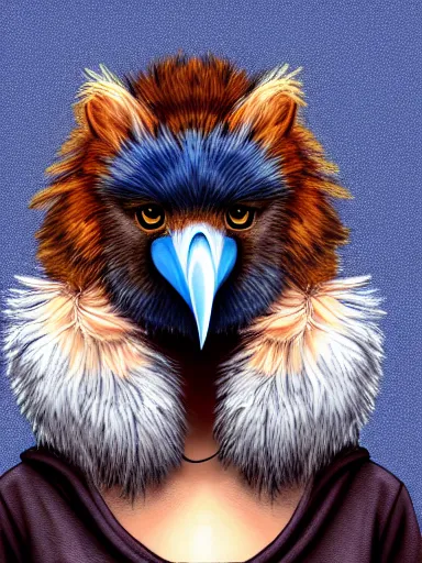 Image similar to front facing portrait. humanoid furry! anthro, anthro, anthro, avian, avian, avian!!! fursona, bird, bird, bird!!! digital art! trending on artstation! subject wearing hoodie and jeans!! subject is female!! female!!! big beak, big beak, big beak!!! blue feathers!! birdfolk!! owlkin!! Character design by charlie bowater, ross tran, artgerm, and makoto shinkai!!! detailed!!!