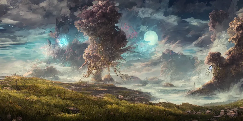 Prompt: edge of caduceus moors, meteor shower, epic, miyazaki style, cinematic, indie, highly detailed, featured on artstation, highly detailed, abstract