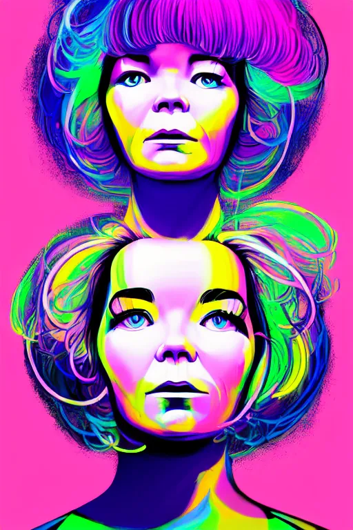 Image similar to a award winning portrait of the musician bjork, beautiful woman with stunning eyes in a one off shoulder croptop and cargo pants with rainbow colored hair, outlined by whirling illuminated neon lines and fine lines swirling in circles by ilya kuvshinov, digital art, trending on artstation