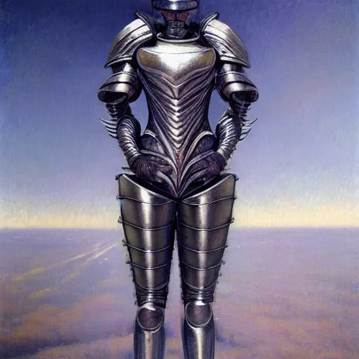 Image similar to full body portrait of beautiful gothic and futuristic fashion model, open space armour, cyber armour, highly detailed, artstation, illustration, composition, 8 k quality, art by jean delville, rene magritte, hyperrealism oil painting