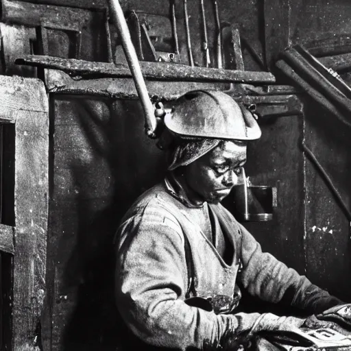 Prompt: a historical black and white portrait of a Gremlin working in the mines