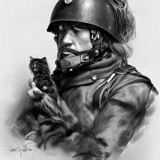 Image similar to a sodier with a head of a british longhair in the war, by stanely artgerm