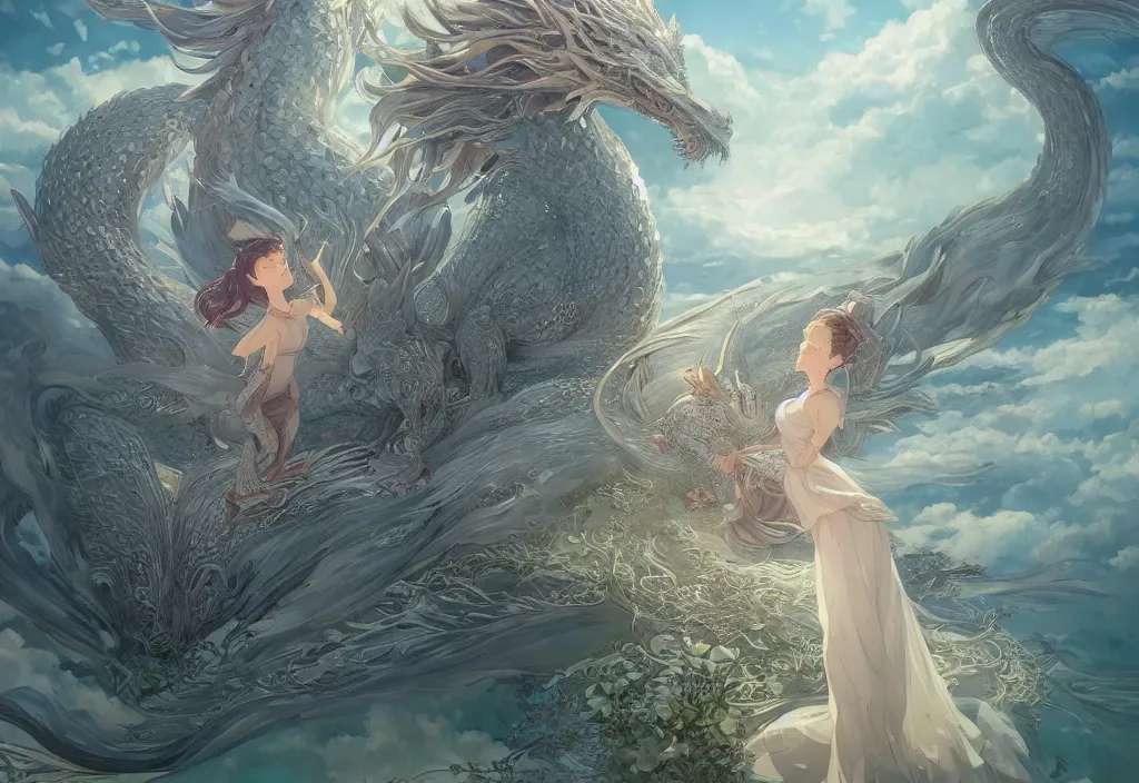 Image similar to the beautiful hyper detailed scene render that a beautiful girl lies in the arms of a huge silver dragon alone in the fairyland surrounded by white clouds, in the style of makoto shinkai victo ngai and peter mohrbacher studio ghibli artgerm karol bak beeple, animation style, 8 k hd, dream, ultra wide angle, animation style