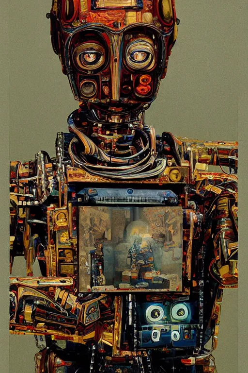 Image similar to robot monk painting a self - portrait on a canvas. intricate, highly detailed, photorealistic, film still, by christopher doyle.