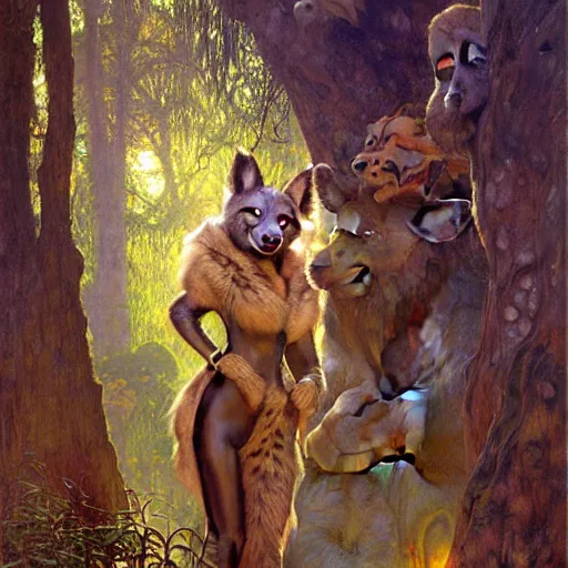 Image similar to a dark forest with a female hyena hyenawoman canine in robes. night zootopia fursona furaffinity furry art detailed face painting by gaston bussiere craig mullins jc leyendecker gustav klimt artgerm greg rutkowski furry