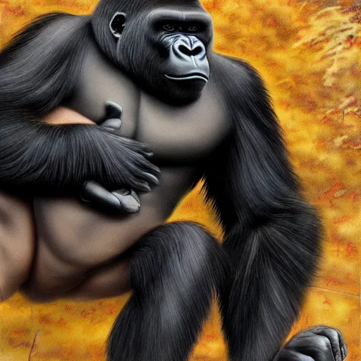 Prompt: a gorilla smashing jen paski with his fists, hyper - realistic, hyper - detailed, 4 k.