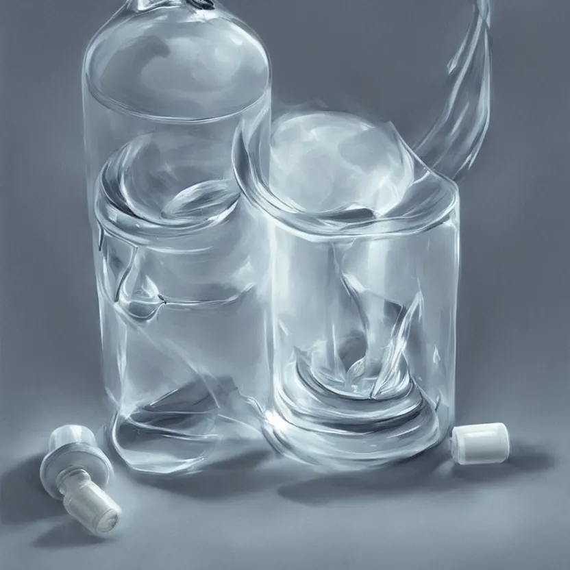 Image similar to concept art of luxury very modern white liquid dietary supplement in a round transparent bottle, it has a black sticker on it, by aenaluck, artgerm and roberto ferri and greg rutkowski, light blue and white tones, digital painting, artstation, concept art, smooth, sharp foccus ilustration hq