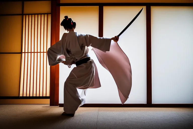 Image similar to beautiful photo of a young modern geisha samurai practising the sword in a traditional japanese temple, mid action swing, beautiful eyes, huge oversized sword, award winning photo, muted pastels, action photography, 1 / 1 2 5 shutter speed, dramatic lighting, anime set style