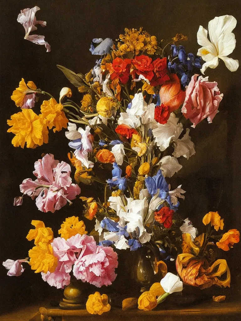 Image similar to painting, Dutch style, old masters, Jan Davidszoon de Heem, still life with flowers, iris, marigold, rose, lilies,