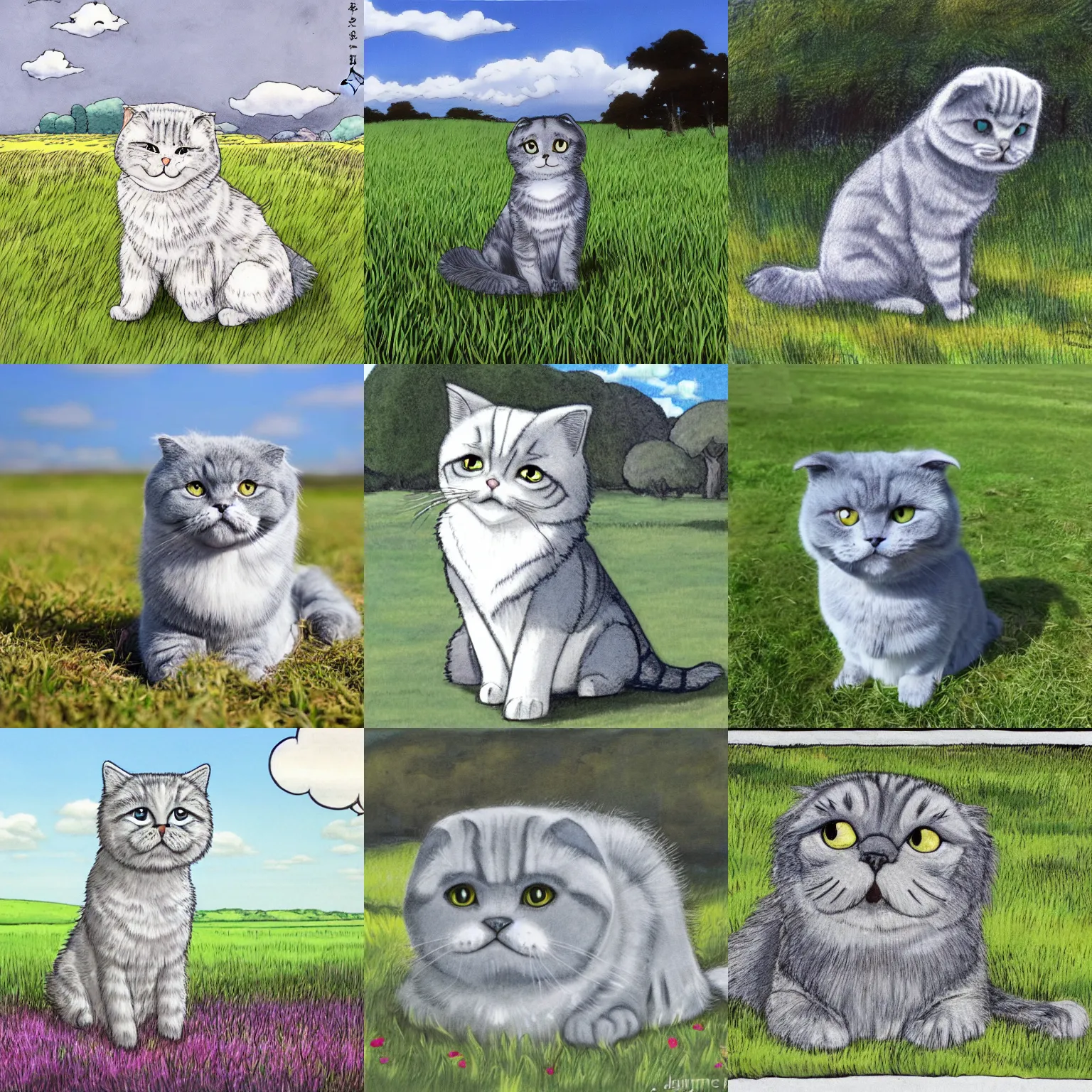 Prompt: a gray scottish fold sitting in the middle of sunny meadow, colored, by hajime isayama