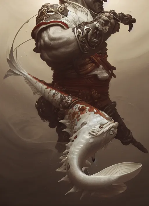 Image similar to subsurface scattering, white, koi, samurai with face armor, by jesper ejsing, justin gerard, tomasz alen kopera, cgsociety and fenghua zhong, highly detailed, rim light, cinematic lighting, illustration, art, octane render, very coherent, cinematic, hyper realism, high detail, octane render, 8 k