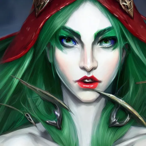 Image similar to a close up of a green haired elf person with blue eye with a horns crown red lips and wearing light armour, concept art by Lü Ji, trending on Artstation, fantasy art, official art, detailed painting, artstation hd