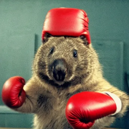 Prompt: a wombat wearing boxing gloves, movie still from Rocky