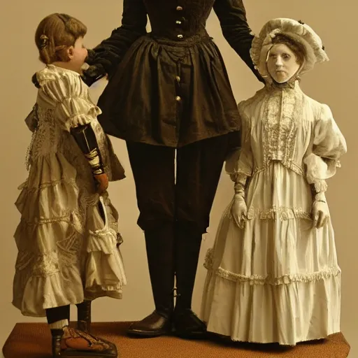 Image similar to portrait of a life size victorian female automaton standing in with a human child, 8 k, soft lighting, highly detailed realistic, face in focus 1 8 9 0's