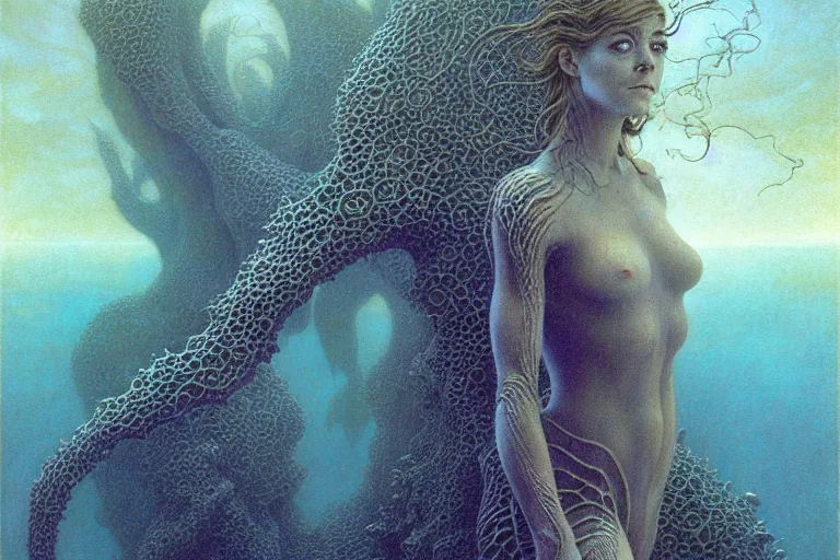 Image similar to cute young alyson hannigan with short hairs in lovecraftian underwater realm by jean delville by luis royo and wayne barlowe, beksinski