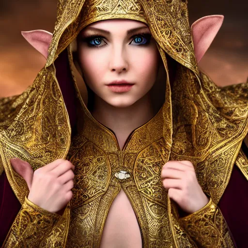 Prompt: beautiful elf with ornate robes, highly detailed, 4k, HDR, smooth, sharp focus, hyper realistic, award-winning photo high resolution
