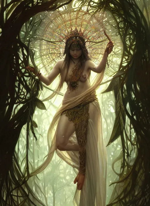 Image similar to kuntilanak on tree, d & d, wet, shiny, fantasy, intricate, elegant, higly detailed, dramatically art, ultra definition, digital painting, artstation, concept art, smooth, sharp focus, illustration, art by artgerm and greg rutkowski and alphonse mucha and garis edelweiss and alex flores