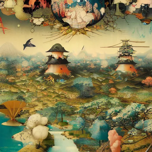 Prompt: Japanese Hills by Hieronymus Bosch and James Jean, Ross Tran, very coherent, HD, hypermaximalist, 8k, surreal oil painting, photo realistic, highly detailed, dream like, masterpiece