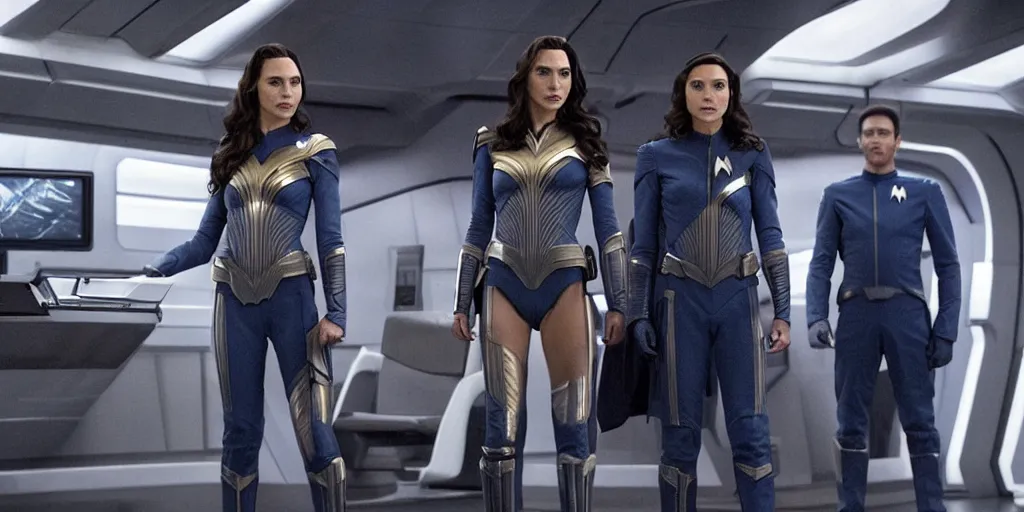 Image similar to Gal Gadot, in full starfleet uniform, is the captain of the starship Enterprise in the new Star Trek movie