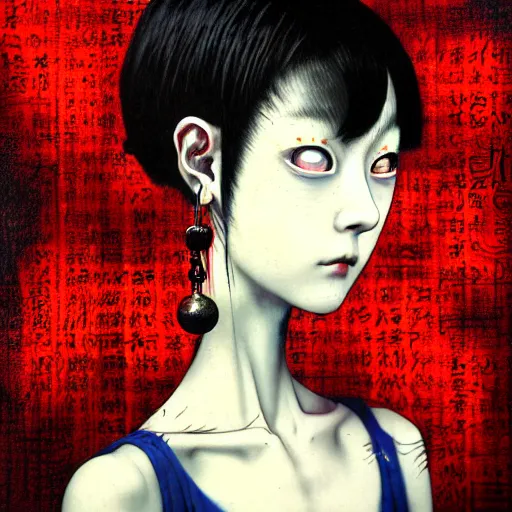 Image similar to yoshitaka amano blurred and dreamy realistic three quarter angle horror portrait of a sinister young woman with short hair, big earrings and red eyes wearing office suit with tie, junji ito abstract patterns in the background, satoshi kon anime, noisy film grain effect, highly detailed, renaissance oil painting, weird portrait angle, blurred lost edges