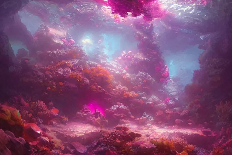 Image similar to beautiful coral crystals, distinct pink orange purple colors, underwater crystal caverns, concept art, beautiful lights, d & d, fantasy, highly detailed, masterpiece, volumetric lighting, digital painting, artstation, smooth, sharp focus, illustration, art by artgerm, by greg rutkowski
