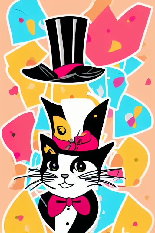 Image similar to A portrait of a cat wearing a top hat, sticker, colorful, illustration, highly detailed, smooth and clean vector curves, no jagged lines, vector art, smooth