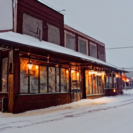 Image similar to a run down restaurant on a snowy street in the american rust belt, sharp, detailed