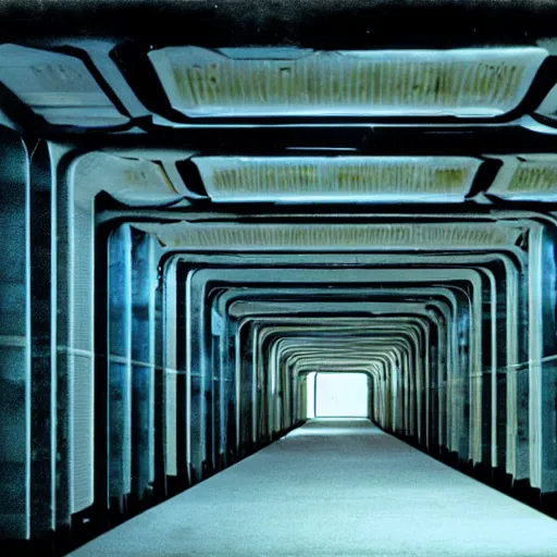 Prompt: photograph of a retrofuturist underground liminal space, minimalist