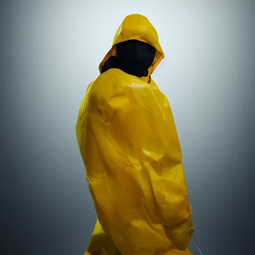 Image similar to photo studio with foggy background. fisherman in yellow balenciaga cloth, plastic bag and black mask. photorealistic high resolution, redshift render, 8 k