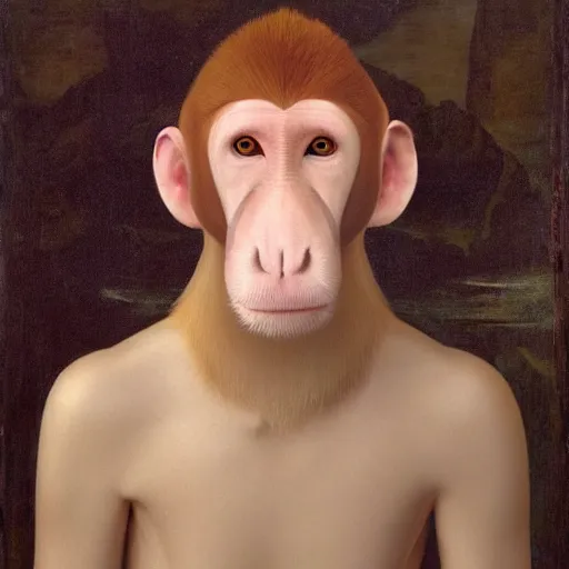 Prompt: Portrait of a Proboscis monkey, wearing a white wig, renaissance painting