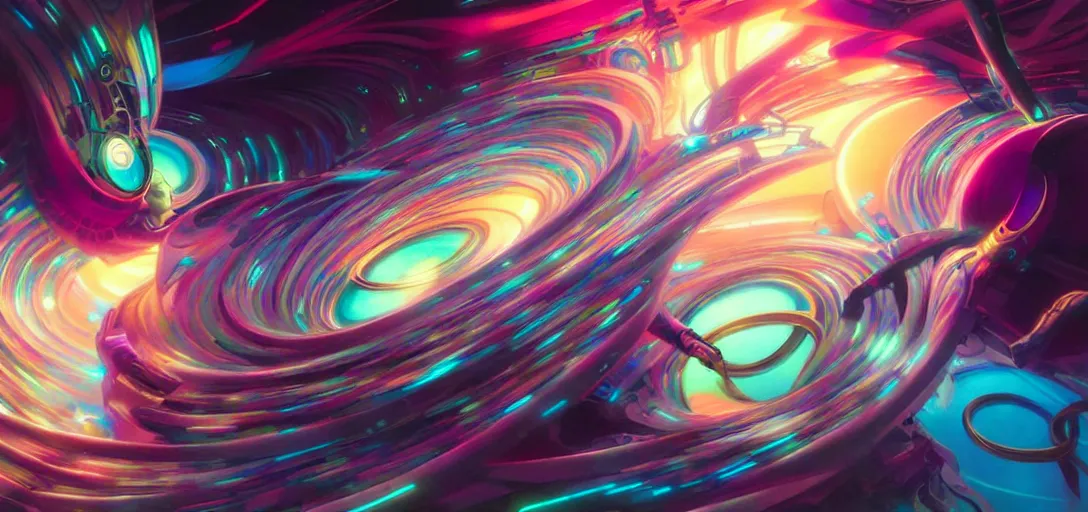 Image similar to swirling vortexes of computer hardware vaporwave aesthetic, colorful, psychedelic, digital painting, artstation, concept art, smooth, sharp focus, illustration, art by artgerm and greg rutkowski and alphonse mucha