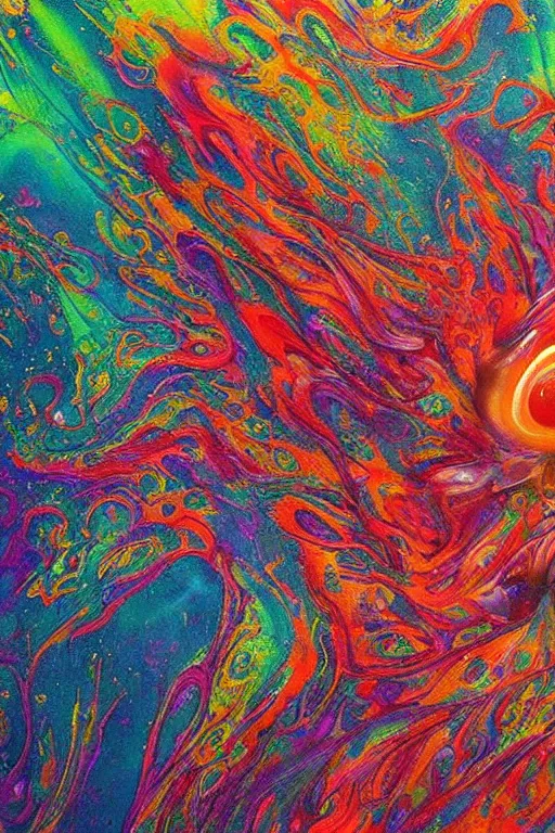 Prompt: fluid dynamics flow art a painting of a iridescent nebular with a colorful swirl shimmering with pearlescence, acrylic marbling art by sam spratt, beksinski, deviantart, psychedelic art, psychedelic, cosmic horror, chromatic