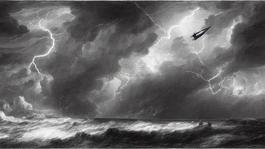 Image similar to drawing of an ornithopter flying through a lightning storm above a stormy ocean, by gustave dore, nineteenth century, black and white, vintage, science fiction, epic composition, dramatic lighting, highly detailed, cinematic