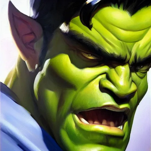 Image similar to Greg Manchess portrait painting of the Hulk as Overwatch character, medium shot, asymmetrical, profile picture, Organic Painting, sunny day, Matte Painting, bold shapes, hard edges, street art, trending on artstation, by Huang Guangjian and Gil Elvgren and Sachin Teng