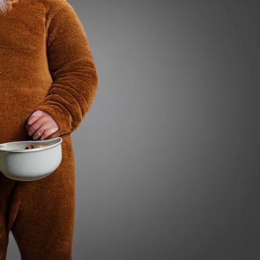 Prompt: a grumpy human man wearing a bear costume, holding a goldfish bowl, photography, 4 k