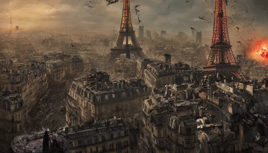 Image similar to paris invaded by zombies with survivors on roofs, destroyed eiffel tower, hyperdetailed, artstation, cgsociety, 8 k