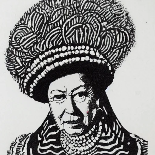 Image similar to queen elizabeth wearing herero headdress, lino print