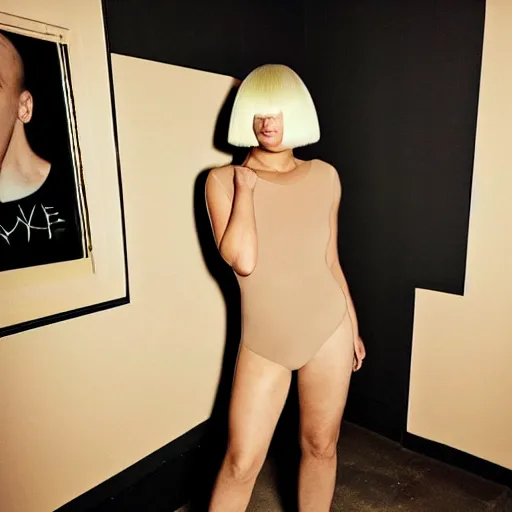 Image similar to sia furler wearing a skin colored leotard full body artistic photoshoot