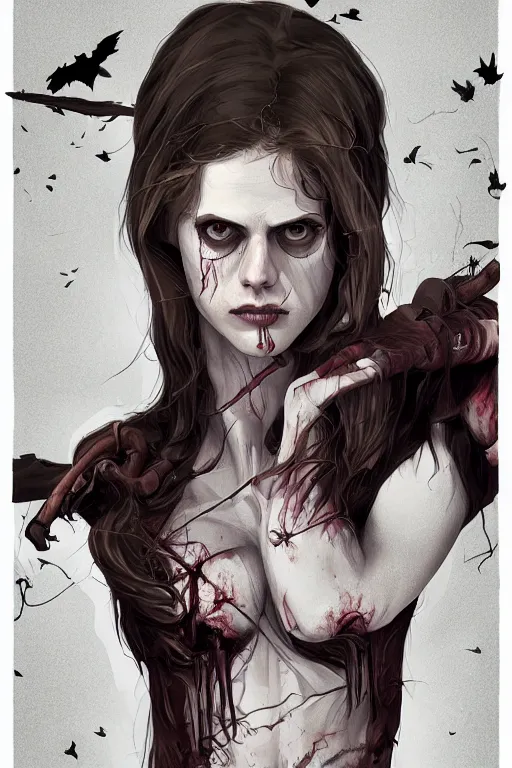 Image similar to alexandra daddario in sleepy hollow, full body, big two toned eyes, teeth gritted, horror, intricate details, cinematic, epic, realistic, anatomy, tomer hanuka, uplight, artstation, photorealistic, scary