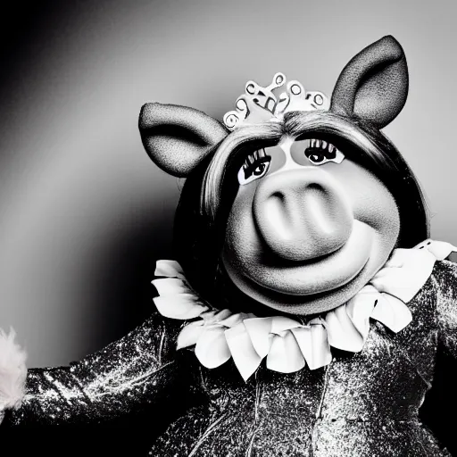 Prompt: professional black and white glamour shot photography of miss piggy, stunning, 4 k