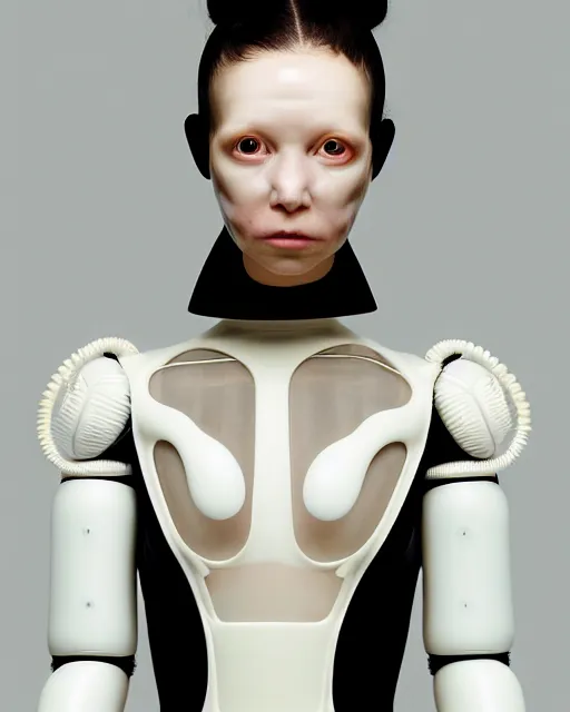 Image similar to symmetrical portrait of a woman wearing a embroidered translucent silicone mask and white frizzy hair buns, wearing a black bodysuit by alexander mcqueen, cream white background, soft diffused light, biotechnology, humanoide robot, bjork aesthetic, translucent, by rineke dijkstra, intricate details, highly detailed, masterpiece,