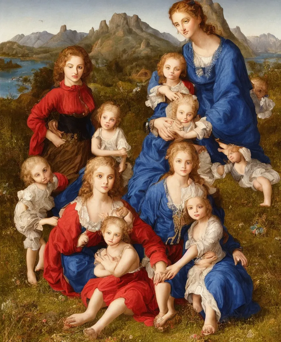 Prompt: Detailed Portrait of beautiful Madonna with two children playing in the style of Raffael. Children are very small and only cloth is blue linen. Madonna has a blue skirt and a red shirt. They are sitting in a dried out meadow. In the background, there is a lake with a town and mountains.