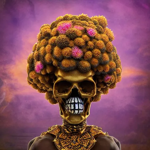 Prompt: a golden skull face african electric shaman with an afro made of flowers, third eye art art by machina infinitum, complexity from simplicity, rendered in octane, mandelbulb 3 d, ambient occlusion, macro photography, felt!!! texture, tribal, retrowave