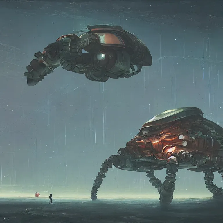Prompt: mechanical hermit crab, sci-fi concept art, by John Harris, by Simon Stålenhag